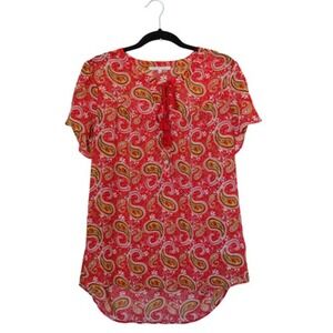 My Danielle Blouse Womens Small Red Paisley Boho Short Sleeve Lightweight Top‎